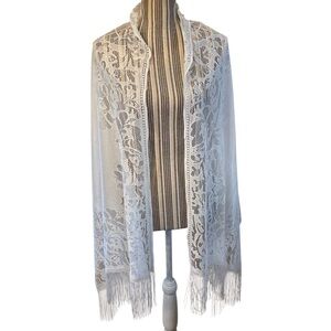 NEW Scarf /Wrap Elegant White Lace Floral Accessory with Fringe Versatile